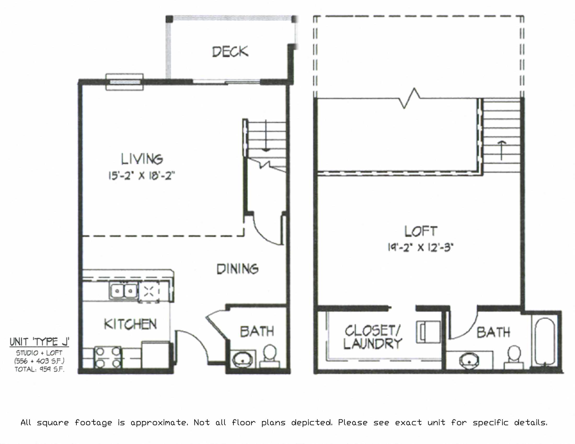 Floor plan for 1 bed, 1.5 baths, 959 sqft